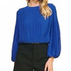 Pinch Pleated Balloon Sleeve Elastic Waist Blouse in Cobalt Blue, Medium
